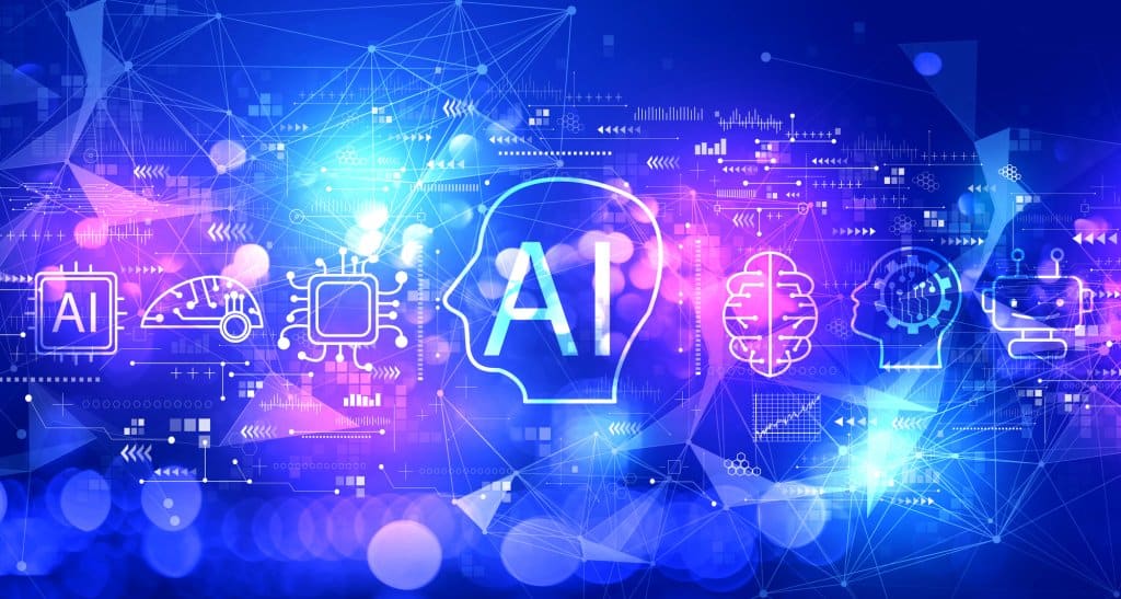 A digital representation of artificial intelligence, featuring icons such as AI, neural networks, and processors on a blue and purple abstract background with glowing nodes and lines—ideal for Babcock Ranch business consulting or fractional CMO services.