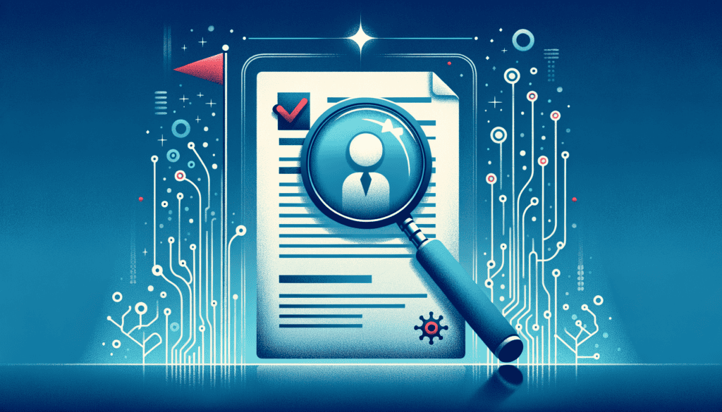 Illustration of a magnifying glass over a document with a user profile icon, checkmark, and surrounding circuit-like patterns, representing AI-driven data analysis or identification for resume manipulation.