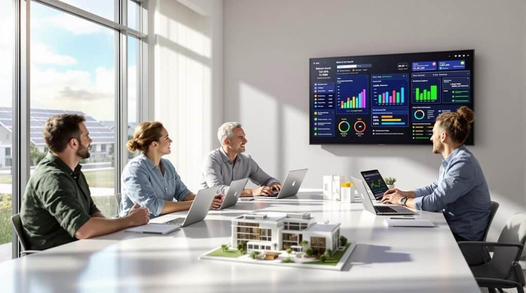 Four people in a meeting room discussing data displayed on a large screen. A model of a building is on the table.