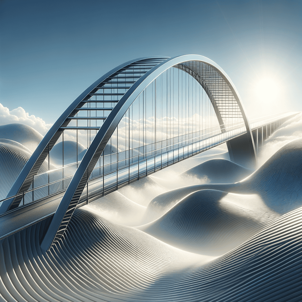Futuristic, arched bridge spans over smooth, wavy landscape with a sunlit sky in the background, creating a serene and surreal scene.