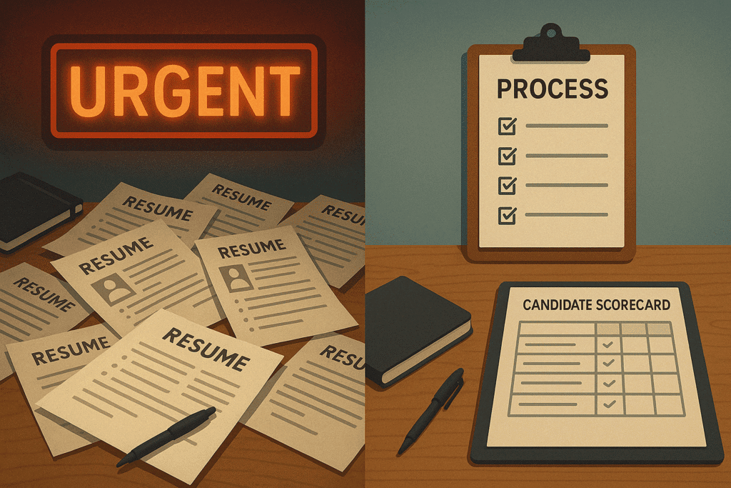 A split image showing an "URGENT" sign above scattered resumes on one side and a clipboard with a process checklist and candidate scorecard on the other side.