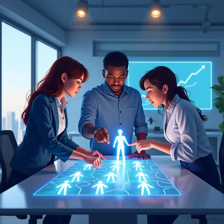 Three people in a modern office discuss a holographic display with human figures on a table, indicating a strategic planning session. A chart showing upward trends is displayed on the wall.