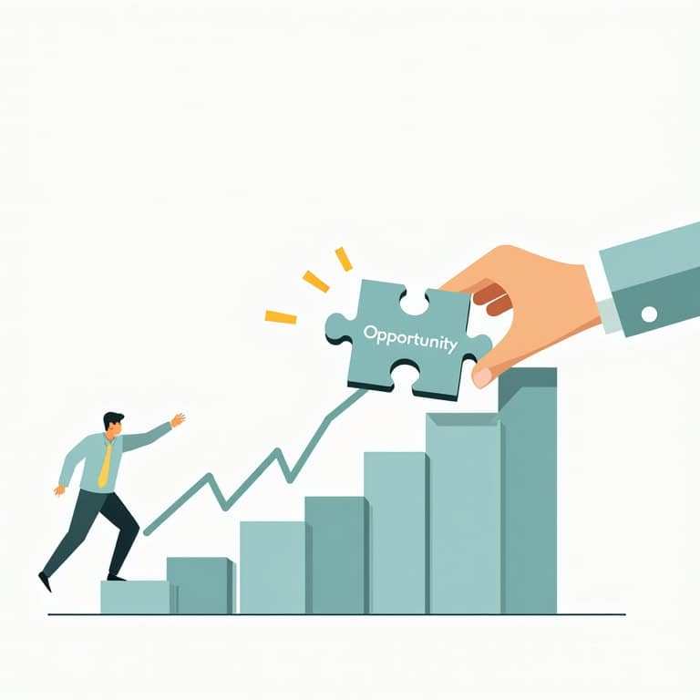 Illustration of a person climbing bar chart steps with an upward arrow. A large hand places a puzzle piece labeled "Opportunity" at the top.