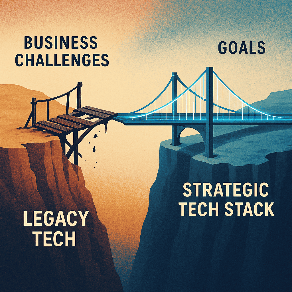 Illustration of a broken bridge labeled "Legacy Tech" and "Business Challenges" connecting to a modern bridge labeled "Strategic Tech Stack" and "Goals.