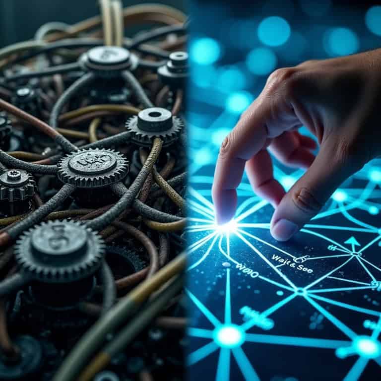 Left side shows complex gears and cables; right side depicts a hand interacting with a glowing digital network on a screen.