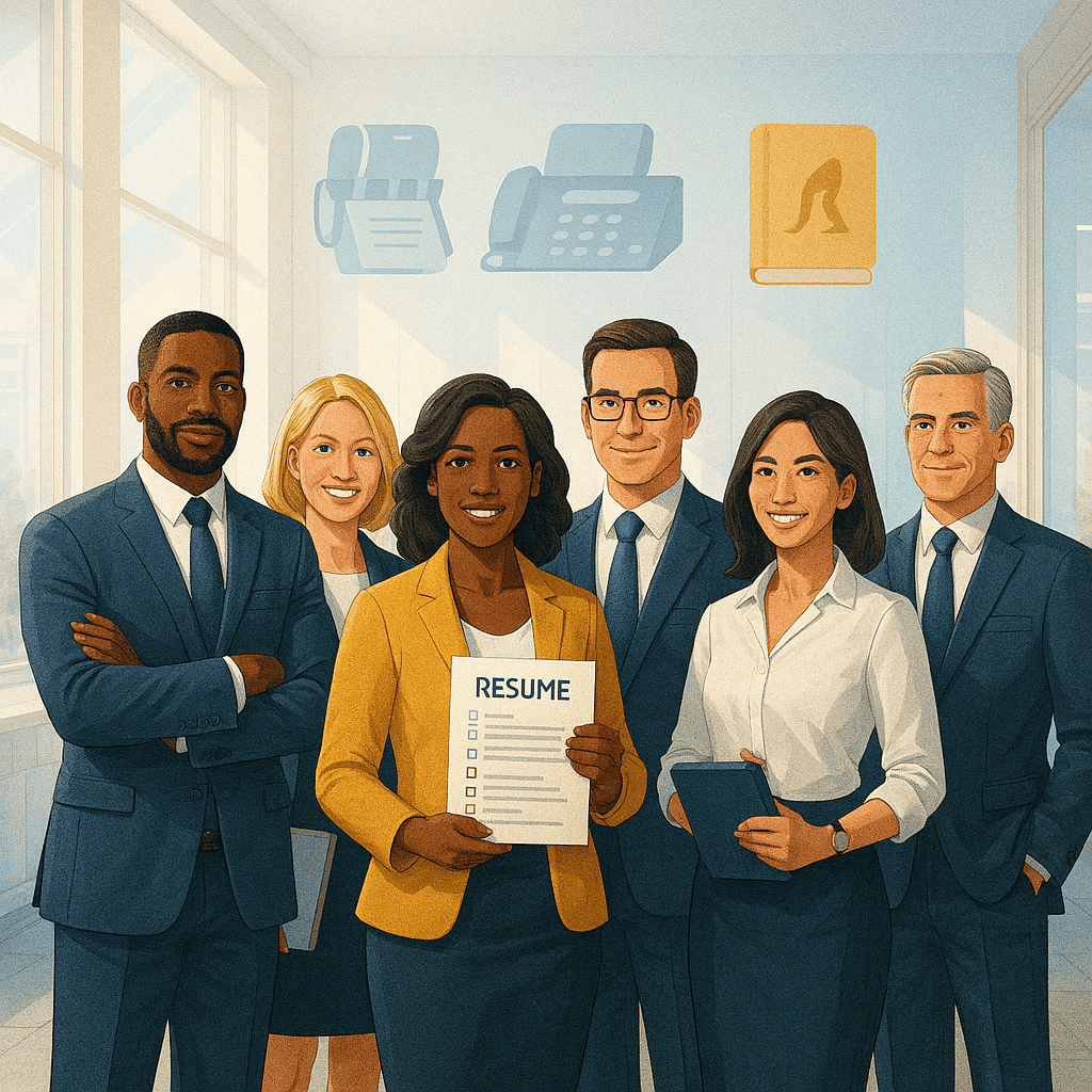 A diverse group of six business professionals stand together in an office; the woman in front holds a resume and smiles. Office icons are visible in the background.