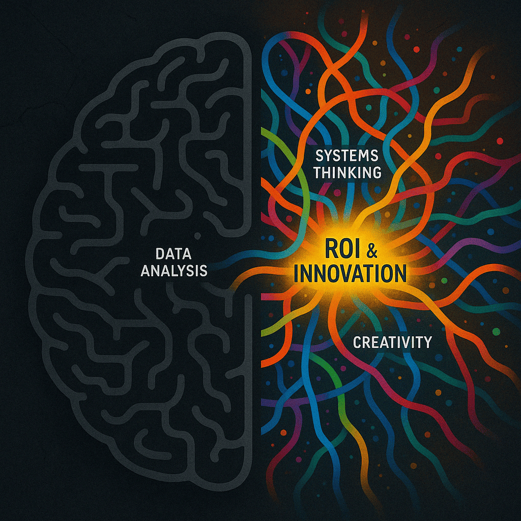 A brain illustration split in half, with “Data Analysis” on the left and colorful paths labeled “Systems Thinking,” “Creativity,” and “ROI & Innovation” on the right.