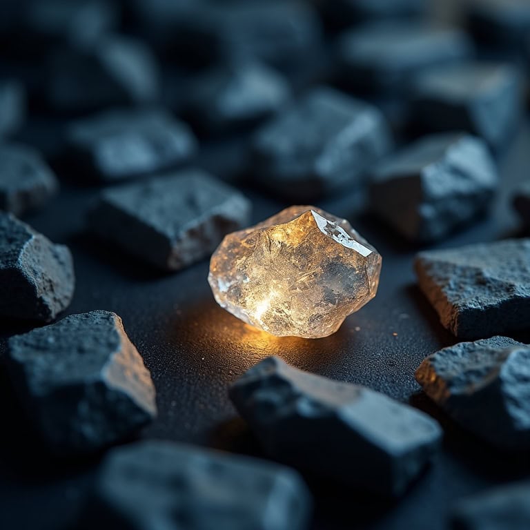 A glowing crystal surrounded by rough, dark stones on a dark surface.