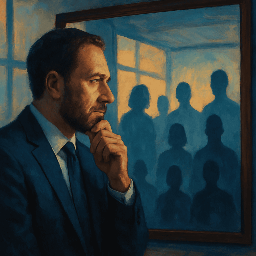A man in a suit thoughtfully looks at a framed painting showing silhouettes of people in a dimly lit room.