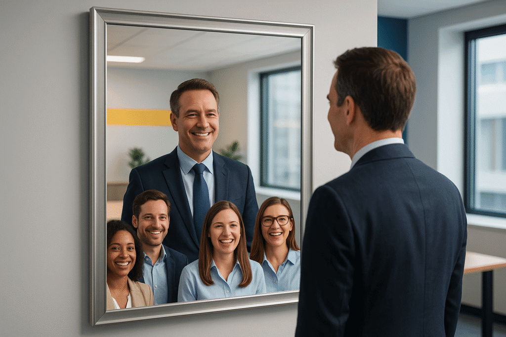 A man in a suit stands facing a mirror, which reflects him smiling along with four other professionally dressed people standing beside him.