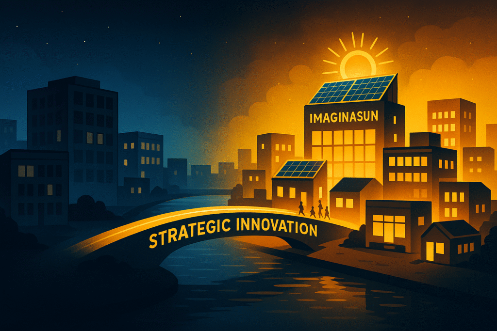 An illustrated cityscape shows solar-paneled buildings labeled "IMAGINASUN" glowing brightly, with a bridge labeled "STRATEGIC INNOVATION" over a river, contrasting night and day.
