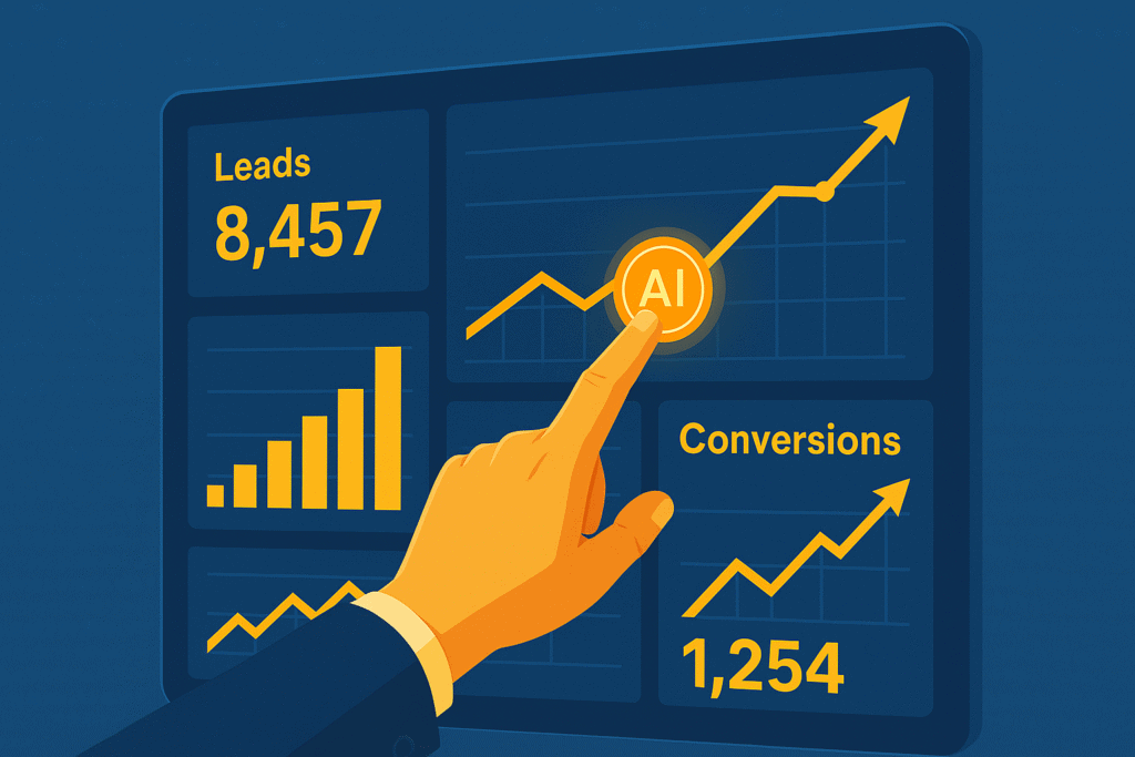 Illustration of a hand touching an "AI" button on a digital dashboard displaying graphs, 8,457 leads, and 1,254 conversions, with upward trends shown.