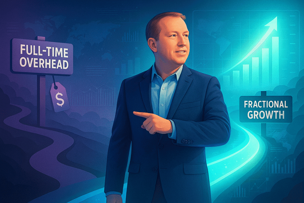 A man in a suit stands between signs reading “Full-Time Overhead” and “Fractional Growth,” with a rising graph in the background and a glowing path beside him.
