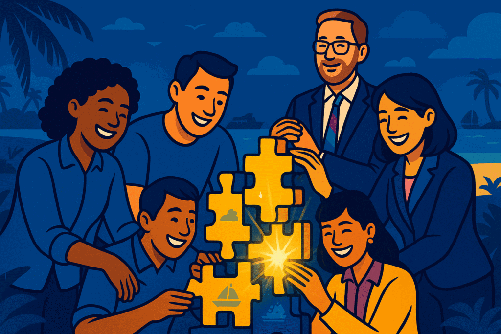 Six people, including two in business attire, collaborate to assemble large glowing puzzle pieces outdoors, smiling and working together as a team.