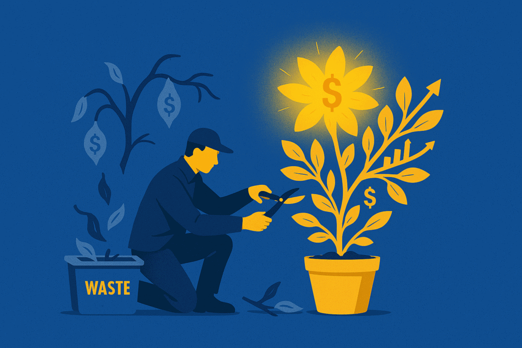 A person prunes a plant labeled "waste" and tends to a healthy plant with dollar signs and upward growth symbols on its leaves.