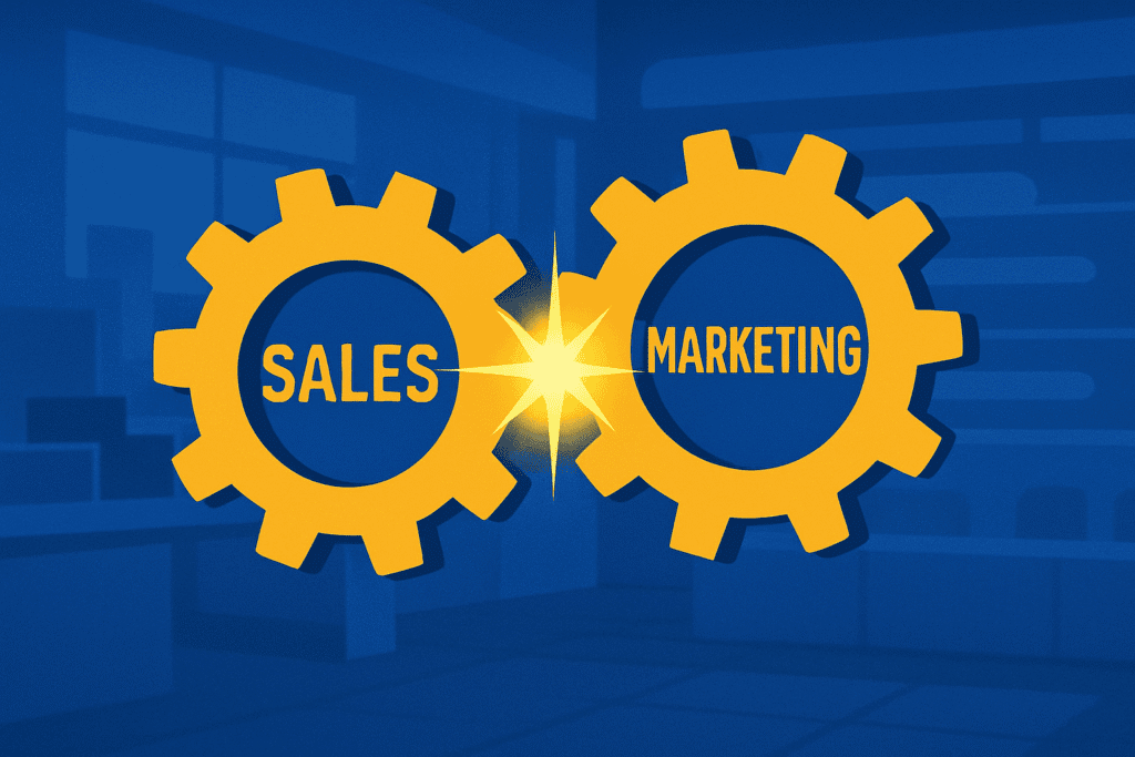 Two yellow gears labeled "Sales" and "Marketing" interlock with a bright light where they meet, set against a blue office background.