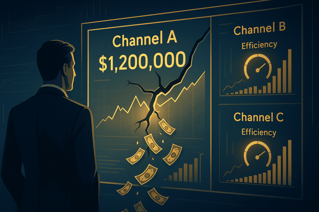 A person looks at a screen showing "Channel A $1,200,000" with money falling through a crack, and "Channel B" and "Channel C" efficiency charts on the side.