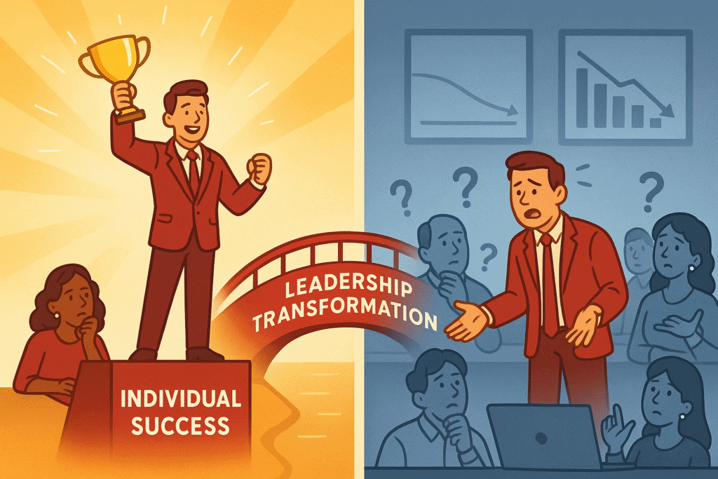 Illustration showing a man with a trophy on a podium labeled "Individual Success" transitioning over a bridge to leading a confused team, symbolizing leadership transformation.